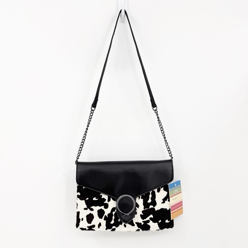 SevenDays Cow Print Haircalf Crossbody Shoulder Bag Black White Chain Strap Y2k